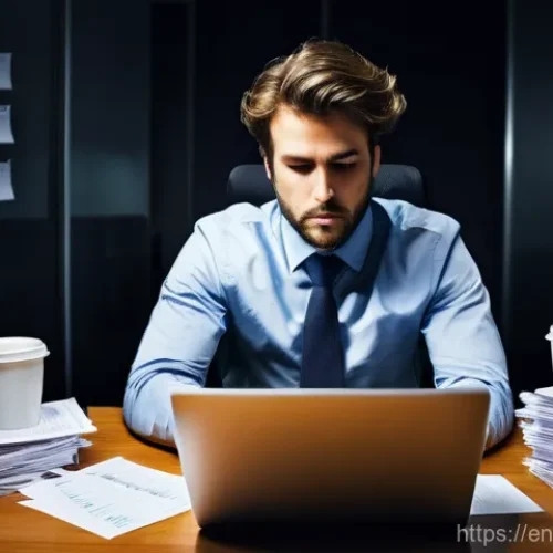 Home 22 공연기획사의 업무량과 워라밸 - **Prompt:** A young event professional, appearing visibly exhausted yet determined, sits hunched ove...