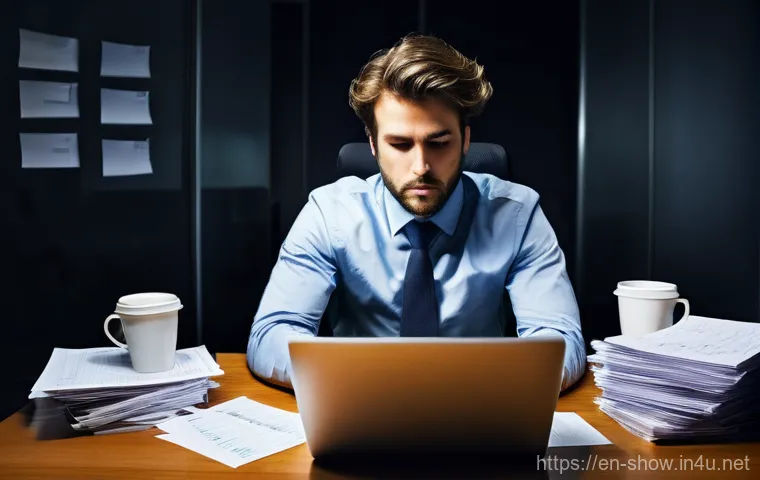 공연기획사의 업무량과 워라밸 - **Prompt:** A young event professional, appearing visibly exhausted yet determined, sits hunched ove...