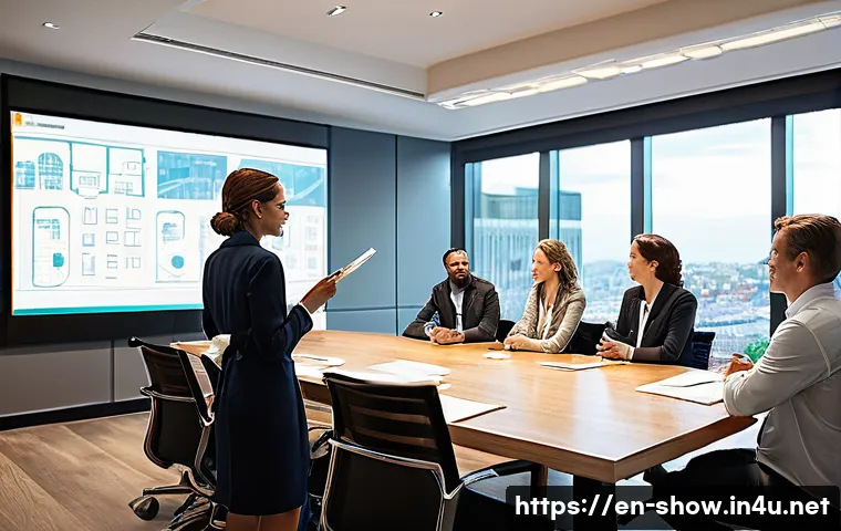 공연기획사와 협력업체 간 커뮤니케이션 - **Prompt:** A diverse group of six event professionals, including a lead event planner (mid-30s fema...