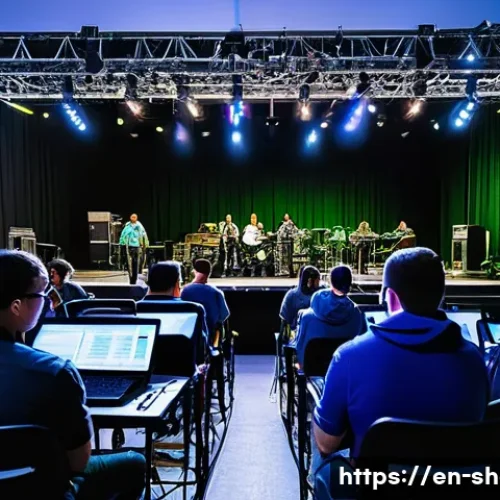 공연기획사에서 실무 경험 쌓기 - A dynamic backstage scene at a mid-sized concert venue during load-in, featuring diverse event staff...