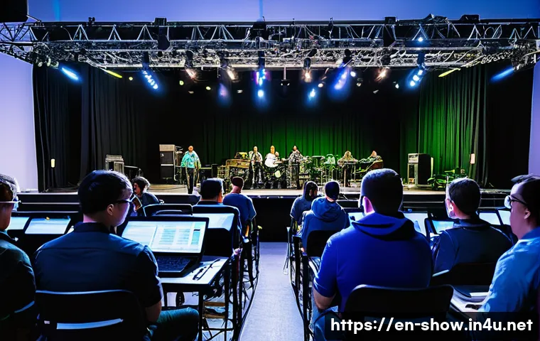 공연기획사에서 실무 경험 쌓기 - A dynamic backstage scene at a mid-sized concert venue during load-in, featuring diverse event staff...