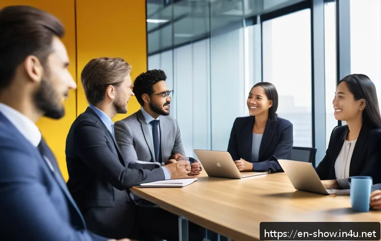 공연기획사에서 배우는 커뮤니케이션 스킬 - A modern office meeting scene showing diverse professionals engaged in active listening and reading ...